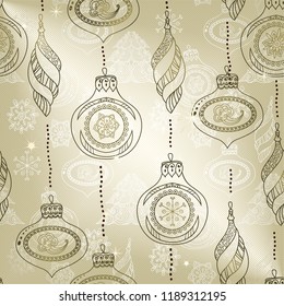 New year background with shimmer, tree toys, snowflakes etc. Seamless. Vector