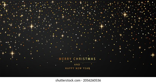 New year background. Shimmering golden particles on a dark background. Holiday greetings vector illustration.