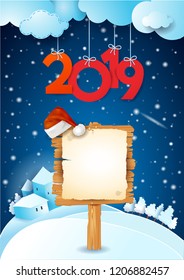 New Year background with sign, Santa's hat and text. Vector illustration eps10