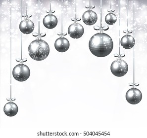 Antecedentes de Año Nuevo con bolas de Navidad plateadas. Ilustración vectorial.