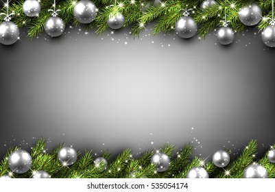 New Year background with silver Christmas balls. Vector illustration.