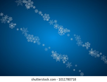 New year background with silver frosty snowflakes. Horizontal backdrop. Stylish new year background for holiday banner, card. Falling snow with sparkles and flakes for season special offers and sales.