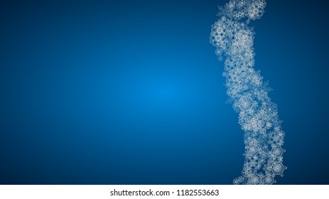 New year background with silver frosty snowflakes. Horizontal backdrop. Stylish new year background for holiday banner, card. Falling snow with sparkles and flakes for season special offers and sales.