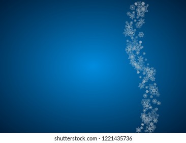 New year background with silver frosty snowflakes. Horizontal backdrop. Stylish new year background for holiday banner, card. Falling snow with sparkles and flakes for season special offers and sales.