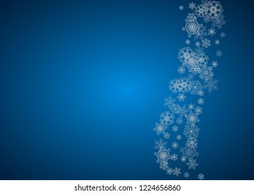 New year background with silver frosty snowflakes. Horizontal backdrop. Stylish new year background for holiday banner, card. Falling snow with sparkles and flakes for season special offers and sales.