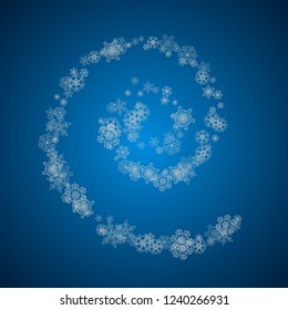 New year background with silver frosty snowflakes. Snowfall backdrop. Stylish new year background for holiday banners, cards. Falling snow with sparkles and flakes for season special offers and sales.