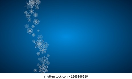 New year background with silver frosty snowflakes. Horizontal backdrop. Stylish new year background for holiday banner, card. Falling snow with sparkles and flakes for season special offers and sales.