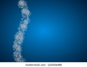 New year background with silver frosty snowflakes. Horizontal backdrop. Stylish new year background for holiday banner, card. Falling snow with sparkles and flakes for season special offers and sales.