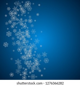 New year background with silver frosty snowflakes. Snowfall backdrop. Stylish new year background for holiday banners, cards. Falling snow with sparkles and flakes for season special offers and sales.