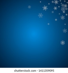 New year background with silver frosty snowflakes. Snowfall backdrop. Stylish new year background for holiday banners, cards. Falling snow with sparkles and flakes for season special offers and sales.