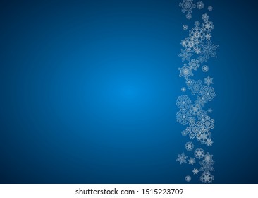 New year background with silver frosty snowflakes. Horizontal backdrop. Stylish new year background for holiday banner, card. Falling snow with sparkles and flakes for season special offers and sales.