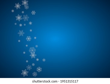 New year background with silver frosty snowflakes. Horizontal backdrop. Stylish new year background for holiday banner, card. Falling snow with sparkles and flakes for season special offers and sales.