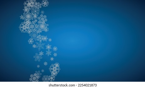 New year background with silver frosty snowflakes. Horizontal backdrop. Stylish new year background for holiday banner, card. Falling snow with sparkles and flakes for season special offers and sales.