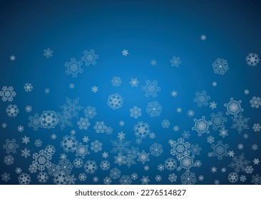 New year background with silver frosty snowflakes. Horizontal backdrop. Stylish new year background for holiday banner, card. Falling snow with sparkles and flakes for season special offers and sales.