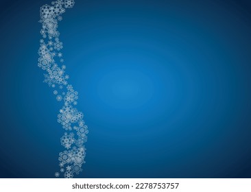 New year background with silver frosty snowflakes. Horizontal backdrop. Stylish new year background for holiday banner, card. Falling snow with sparkles and flakes for season special offers and sales.