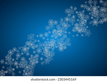 New year background with silver frosty snowflakes. Horizontal backdrop. Stylish new year background for holiday banner, card. Falling snow with sparkles and flakes for season special offers and sales.