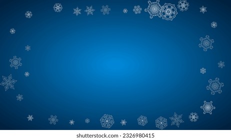 New year background with silver frosty snowflakes. Horizontal backdrop. Stylish new year background for holiday banner, card. Falling snow with sparkles and flakes for season special offers and sales.