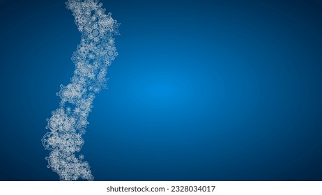 New year background with silver frosty snowflakes. Horizontal backdrop. Stylish new year background for holiday banner, card. Falling snow with sparkles and flakes for season special offers and sales.