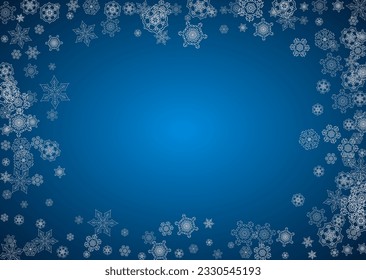 New year background with silver frosty snowflakes. Horizontal backdrop. Stylish new year background for holiday banner, card. Falling snow with sparkles and flakes for season special offers and sales.