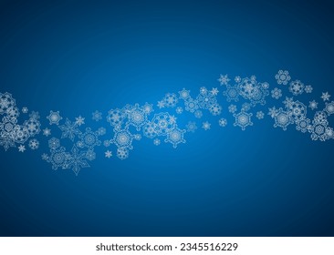 New year background with silver frosty snowflakes. Horizontal backdrop. Stylish new year background for holiday banner, card. Falling snow with sparkles and flakes for season special offers and sales.