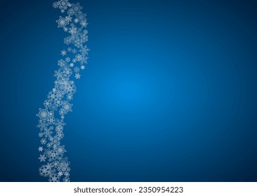 New year background with silver frosty snowflakes. Horizontal backdrop. Stylish new year background for holiday banner, card. Falling snow with sparkles and flakes for season special offers and sales.