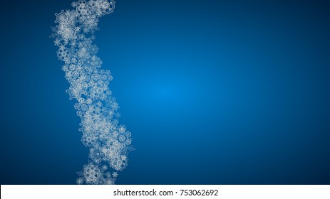 New year background with silver frosty snowflakes. Horizontal backdrop. Stylish new year background for holiday banner, card. Falling snow with sparkles and flakes for season special offers and sales.