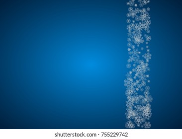 New year background with silver frosty snowflakes. Horizontal backdrop. Stylish new year background for holiday banner, card. Falling snow with sparkles and flakes for season special offers and sales.