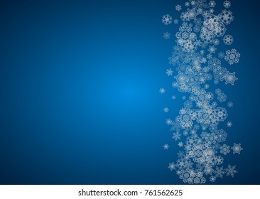 New year background with silver frosty snowflakes. Horizontal backdrop. Stylish new year background for holiday banner, card. Falling snow with sparkles and flakes for season special offers and sales.