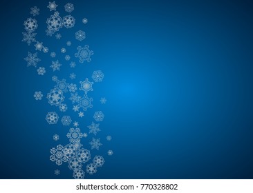New year background with silver frosty snowflakes. Horizontal backdrop. Stylish new year background for holiday banner, card. Falling snow with sparkles and flakes for season special offers and sales.