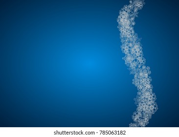 New year background with silver frosty snowflakes. Horizontal backdrop. Stylish new year background for holiday banner, card. Falling snow with sparkles and flakes for season special offers and sales.