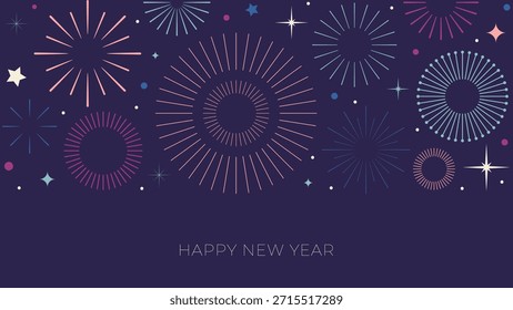 Fondo de año nuevo con fuegos artificiales geométricos simples y espacio de copia