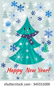New Year background with snowflakes and spruce  . Can be use as banner or poster.Vector illustration.