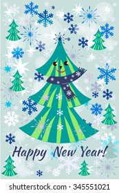 New Year background with snowflakes and spruce  . Can be use as banner or poster.Vector illustration.