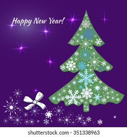 New Year background with snowflakes and spruce. Can be use as banner or poster. Vector illustration.