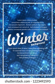 New Year background with space for your text. Christmas Greeting Card. Winter frame with snowflakes. 