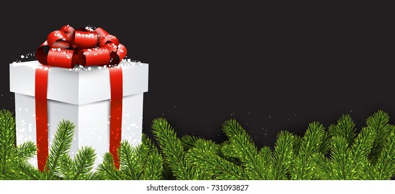 Neujahrshintergrund mit Fichtenzweigen und Weihnachtsgeschenkbox. Vektorgrafik.