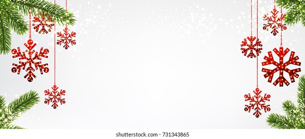 New Year Background With Spruce Branches And Red Snowflakes. Vector Illustration.