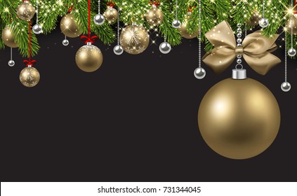 New Year background with spruce branches and golden Christmas balls. Vector illustration.