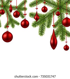 New Year background with spruce branches and red Christmas balls. Vector illustration.
