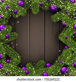 Antecedentes de Año Nuevo con ramas de abeto y bolas de Navidad moradas. Ilustración vectorial.