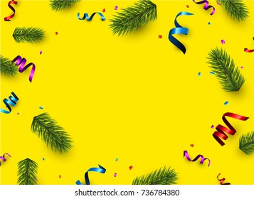 Neujahrshintergrund mit Fichtenzweigen und bunter Serpentine. Vektorgrafik.