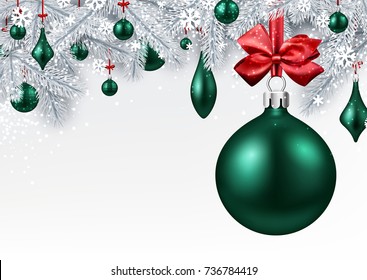 New Year background with spruce branches and emerald Christmas balls. Vector illustration.