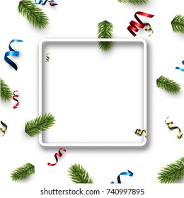 Neujahrshintergrund mit Fichtenzweigen und bunter Serpentine. Vektorgrafik.