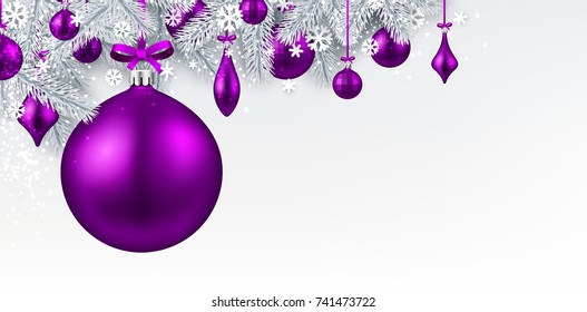 New Year background with spruce branches and purple Christmas balls. Vector illustration.