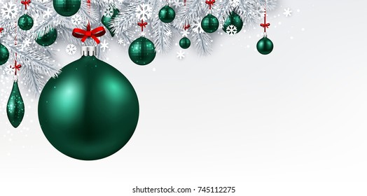 New Year background with spruce branches and emerald Christmas balls. Vector illustration.
