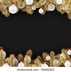 New Year background with spruce branches and Christmas balls. Vector illustration.