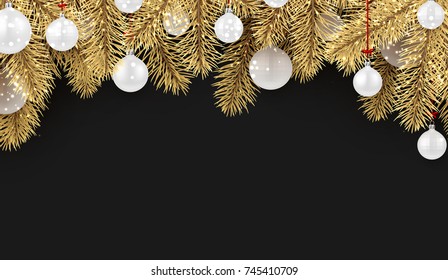 New Year background with spruce branches and Christmas balls. Vector illustration.