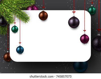 Neujahrshintergrund mit Fichtenzweigen und Weihnachtsbällen. Vektorgrafik.