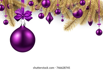 New Year background with spruce branches and purple Christmas balls. Vector illustration.