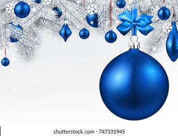 New Year background with spruce branches and blue Christmas balls. Vector illustration.